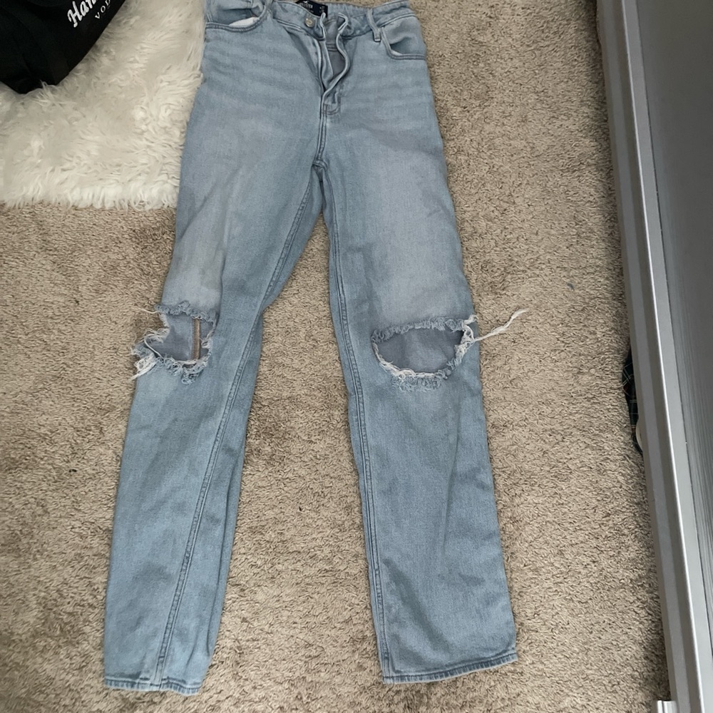 Hollister Blue Straight Leg Jeans with Distressed Details
